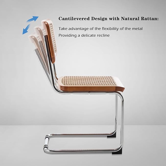 Rattan Dining Chairs Set of 2 Mid Century Modern Dining Room Chairs with Natural Rattan Woven Backrest with Metal Legs, Brown