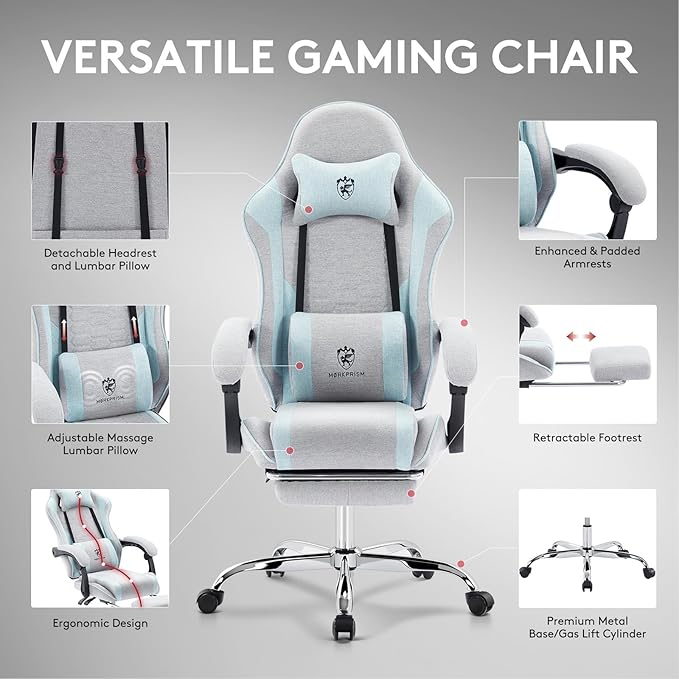 Gaming Chair Breathable Fabric,Computer Office Chair with Footrest,Massage Lumbar Support and Gel Pad,Ergonomic Reclining Adjustable Gamer Chair with Headrest and Spring Cushion Grey Blue