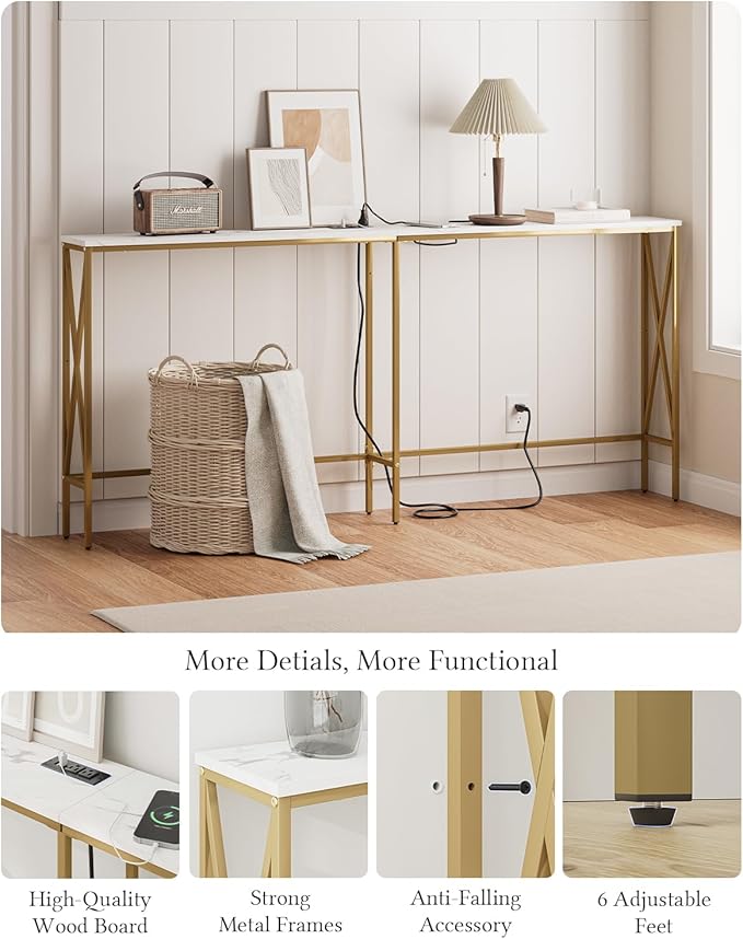 Masupu 70.9" Console Table with Power Outlet, Modern Narrow Long Sofa Table Behind Couch, Skinny Entry Table, Industrial Sofa Table with Metal Frame for Hallway, Living Room, Marble White