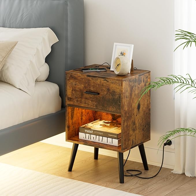 Nightstand with Charging Station and LED Lights, Small Side Table, Bedside Table with Drawer, Modern Night Stand, End Table for Bedroom, Living Room (Rustic Brown)