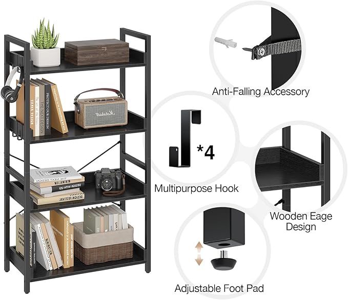 Rolanstar Bookshelf 4 Tier with 4 Hooks, Industrial Bookcase, Vintage Storage Rack with Open Shelves, Rustic Standing Bookshelves Metal Frame Display Rack for Living Room, Bedroom, Black