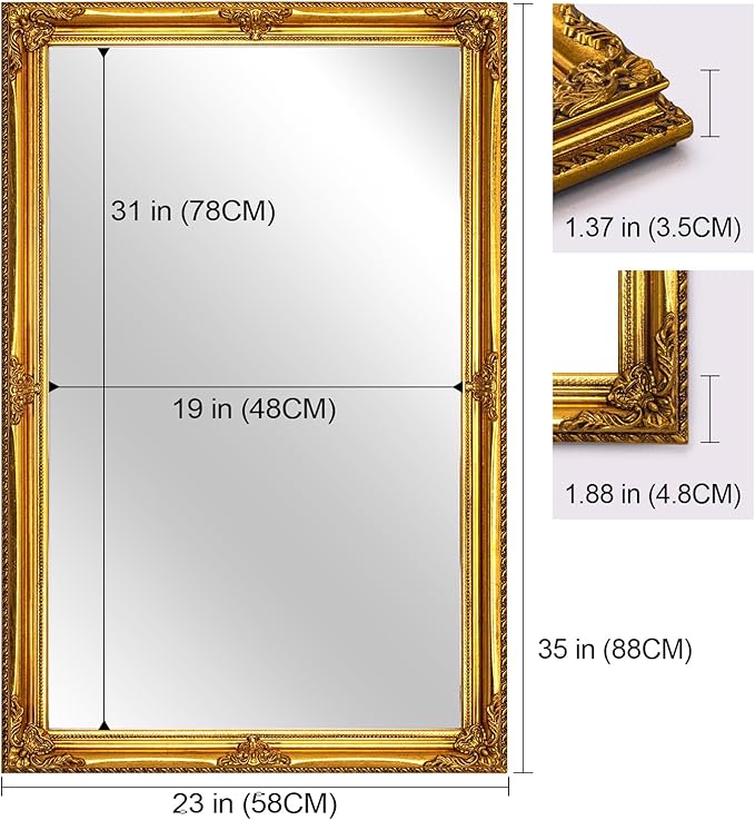 35" x 23" Large Antique Mirror, Gold Vintage Wall Mirror with Baroque Wood Frame for Elegant Victorian Living Room, Ornate Entryway Over Console