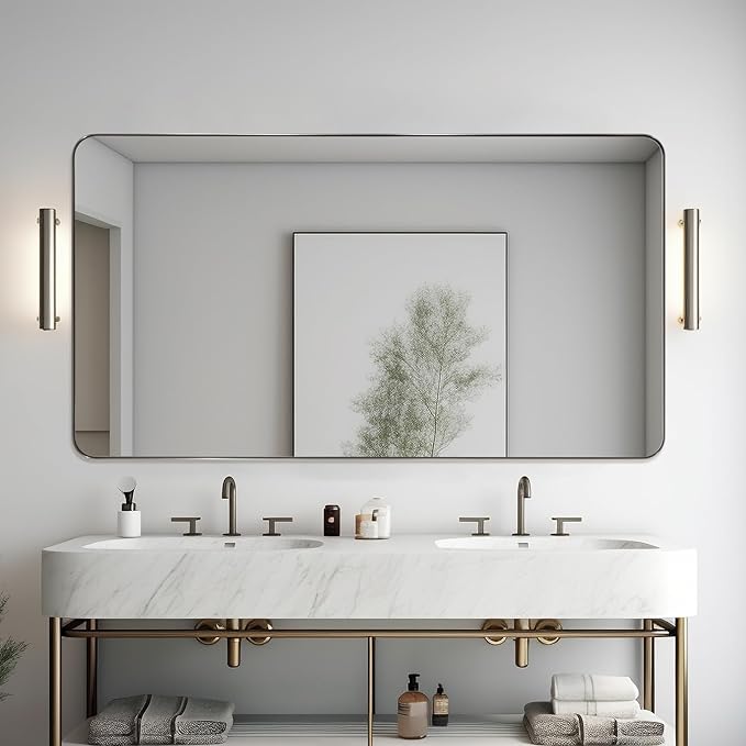 ANDY STAR Brushed Nickel Mirrors for Bathroom Sink, 24x48 Inch Bathroom Vanity Mirror with Rectangular Metal Frame-Modern Clean Design with Superior Stainless Steel Frame