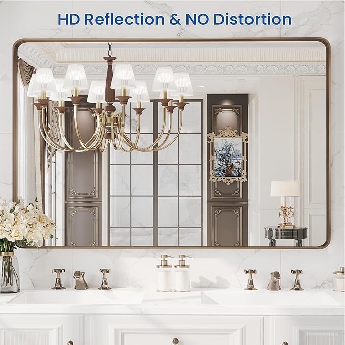 WEER 48x32 Inch Bronze Bathroom Mirror for Vanity, Brushed Bronze Metal Frame Mirror for Wall, Rounded Rectangle Bronze Frame Mirror with Tempered Glass, Anti-Rust (Horizontal/Vertical)