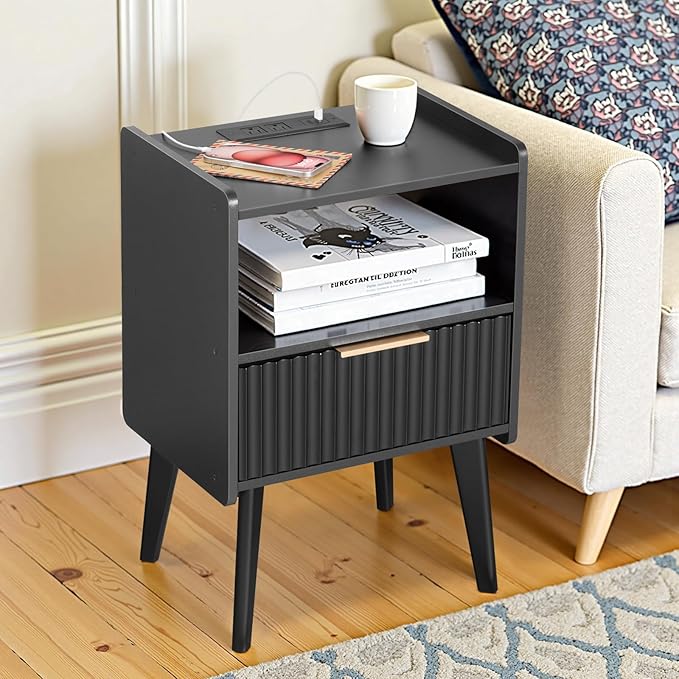 Fluted Nightstand, End Table, Small Modern Bedside Table with Charging Station, Side Table with Drawer, for Small Spaces, Bedroom, Living Room, Black ETBK61E01N1
