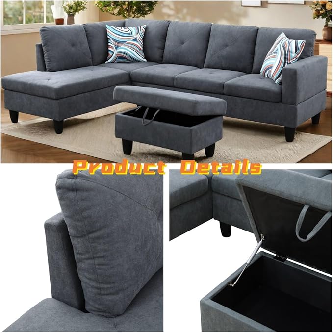 L Shaped Sectional Couch with Otttoman, 97" Sectional Sofa for Living Room Flannel Modular Couches with Cup Holders for Bedroom, Apartments, Dark Grey