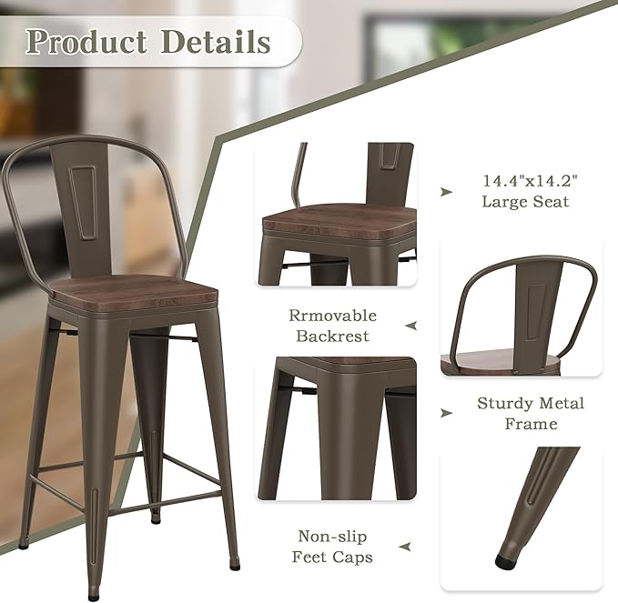 Yongqiang 30 inch Metal Bar Stools Set of 4 Bar Height Stools Kitchen Island Barstools High Back Bar Chairs with Large Wooden Seat Industrial Rusty