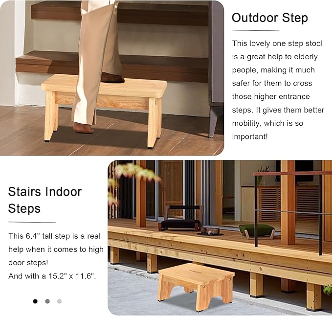One Step Stool for Adults Seniors, 6.5" Heavy Duty Wooden Stepping Stools with 550 LBS Capacity for Bedroom Kitchen Bathroom, Bed Steps for High Beds, Bedside Support