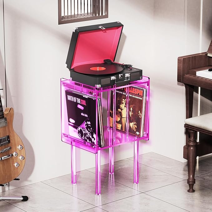 Acrylic Record Player Stand, with Vinyl Storage, Clear Acrylic Side Table, Pink (Pink)