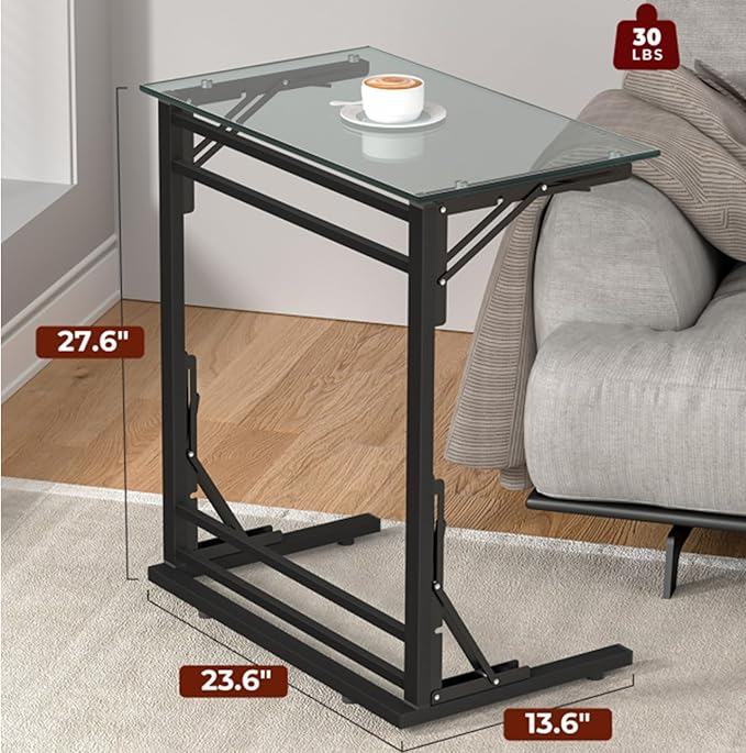 Tatub 24" Folding C Shaped End Table, Small Tempered Glass Side Table for Couch or Bed, Foldable TV Tray Laptop Desk with Black Metal Frame