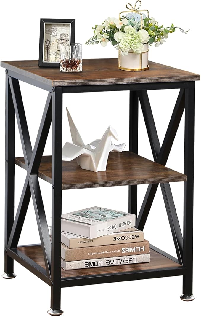 Square End Table with Storage Shelf, 16" D X 16" W X 24" H, 3-Tier End Table Living Room, Rustic Brown End Tables, X-Shaped Night Stand for Bedroom, Farmhouse Wood End Tables