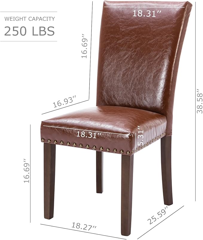 COLAMY Upholstered Parsons Dining Chairs Set of 2, PU Leather Dining Room Kitchen Side Chair with Nailhead Trim and Wood Legs - Light Brown