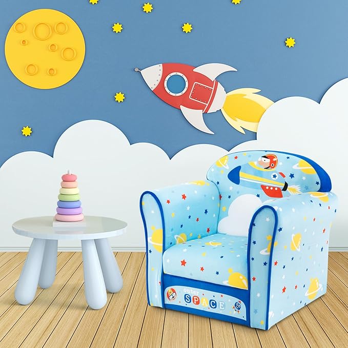 Costzon Kids Couch, Children's Sofa Armrest Chair with Pattern, Toddler Furniture w/Sturdy Wood Construction, Preschool, Lightweight Kids Couch Sofa Chair for Aged 1-5 Boys & Girls Gifts, Airplane