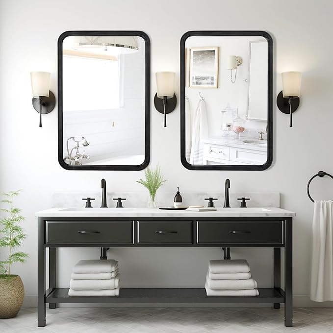 WallBeyond Wood Bathroom Mirror for Wall 24x36 Inch Wooden Frame Rectangle Mirror for Farmhouse Bathroom Vanity Wall Mounted Decorative Mirror (Horizontal/Vertical Black)