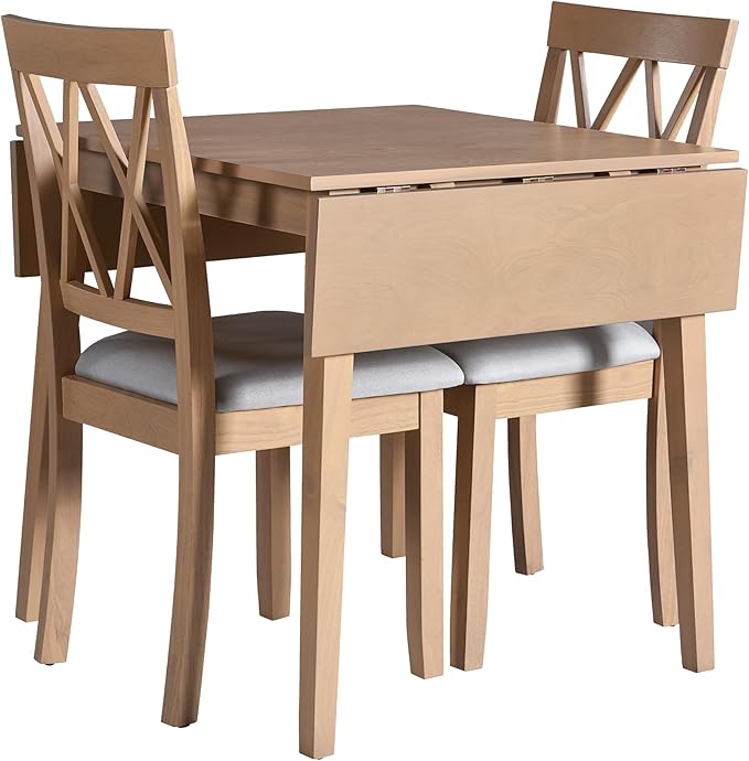 Merax Farmhouse Wood 3-Piece Multifunctional Dining Set, 45.6 inch Extendable Table with Drop Leaf, 2 Upholstered Chairs for Kitchen, Small Space, Natural