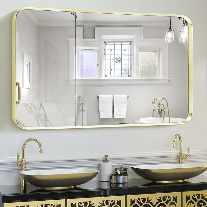 Wall Mount Mirror for Bathroom, Brushed Gold Metal Framed Rounded Corner Rectangular Vanity Mirror, Tempered Glass, Anti-Rust, Hangs Horizontally or Vertically (30" x 40", Gold)