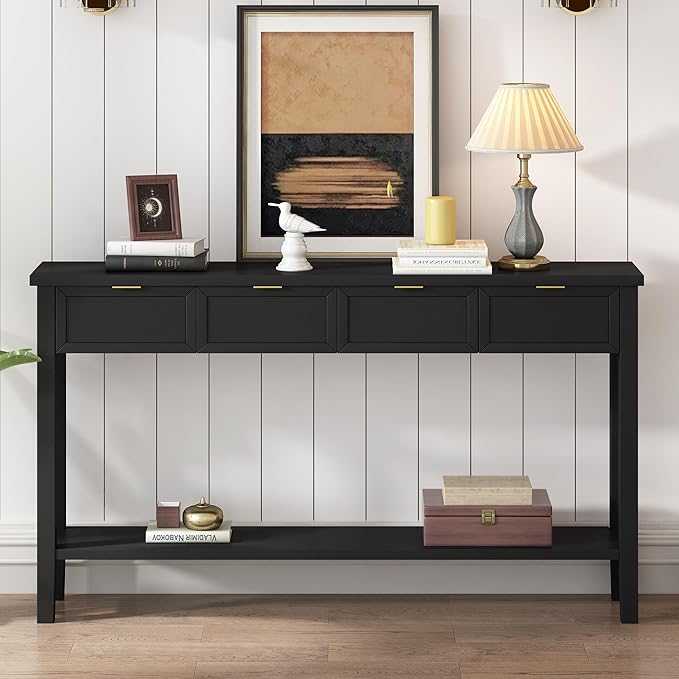 Ball & Cast 60“ Contemporary 4 Drawers Console Table, Long Narrow Entryway-Table with Drawer & Shelf, Modern Storage Sofa Tables, Farmhouse Wood Couch-Tables for Entrance Hallway Living,Black