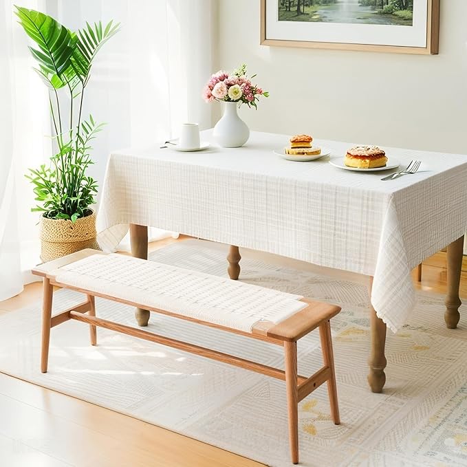 Solid Wood Entryway Bench, Wooden Dining Benches for 2, End of Bed Bench w/Hand-Woven Rope for Bedroom Kitchen Dining Room Living Room Entry Décor (White Rope, 31.49" L)