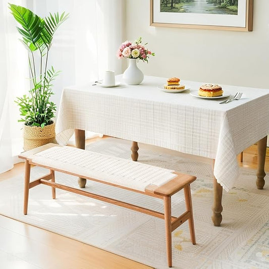 Solid Wood Entryway Bench, Wooden Dining Benches for 2, End of Bed Bench w/Hand-Woven Rope for Bedroom Kitchen Dining Room Living Room Entry Décor (White Rope, 31.49" L)