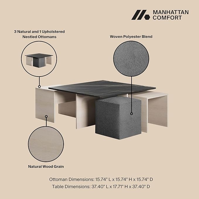 Manhattan Comfort Haley Mid Century Modern Coffee Table & Ottoman Set with Nested Design for Small Spaces, Versatile Living Room Furniture, Accent Decor, White and Black Marble