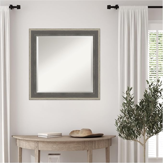 Amanti Art Grey Wall Mirror 25x25 Cottage Grey Silver Square Bathroom Mirror for Wall Decor Living Room, Medium Casual Wood Frame, Hangs Horizonally and Vertically, Bathroom Decor, Beveled Edge