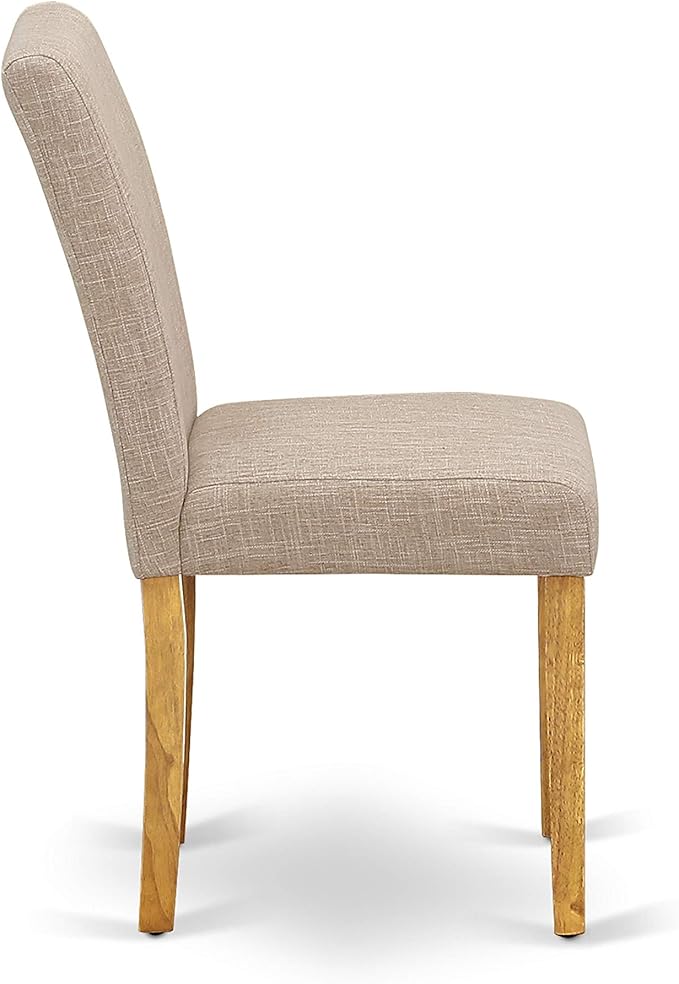 East West Furniture AMAB3-OAK-04 3 Piece Dining Set Contains a Round Kitchen Table with Pedestal and 2 Light Tan Linen Fabric Parson Dining Room Chairs, 36x36 Inch, Oak