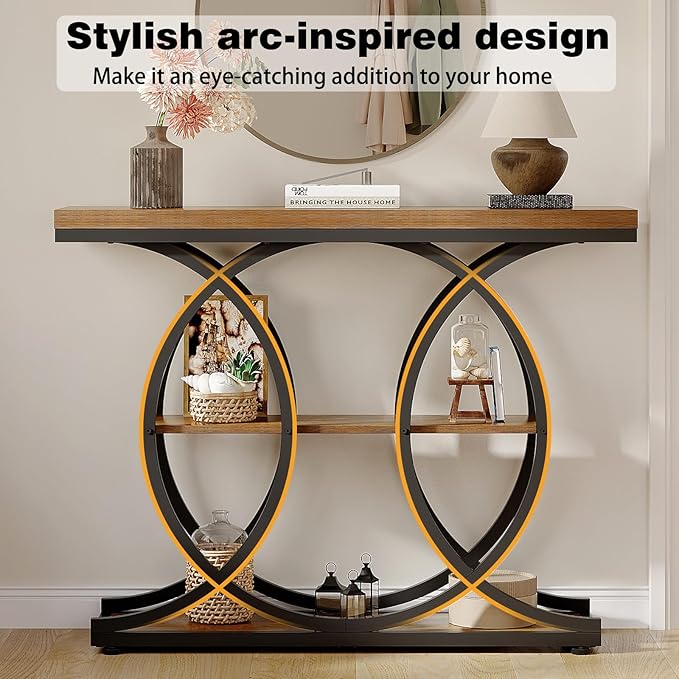 GiftGo Narrow Console Table for Entryway Industrial 3-Tier Sofa Table Behind Couch with Circle Base Wooden Accent Wall Tables with Storage Shelves for Living Room, Hallway, Foyer (Rustic Brown)
