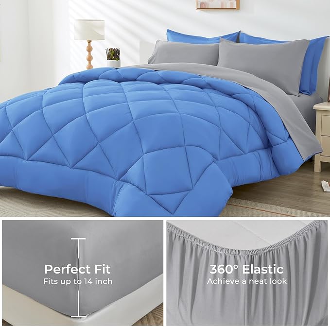 HEVUMYI Royal Blue & Light Grey Cali-King Comforter Set - 7-Piece All Season Bed in a Bag Cali-King, Ultra Soft Bedding Set with Comforter, Flat Sheet, Fitted Sheet, Pillowcases, Pillow Shams, Blue