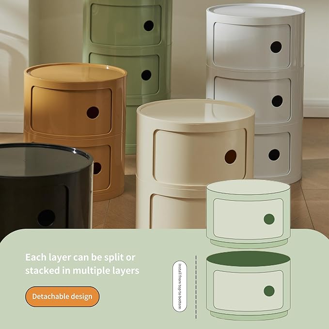 Round Nightstand with 3 Drawers, Modern Style Side Table, Multifunctional End Table Storage Cabinet for Living Room, Bedroom, Bathroom (Green)