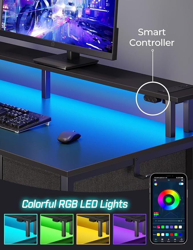 Seventable Computer Desk with Power Outlets & LED Light, 39 inch Home Office Desk with 5 Drawers, Writing Desk with Monitor Stand,Work Desk for Home Office, Black