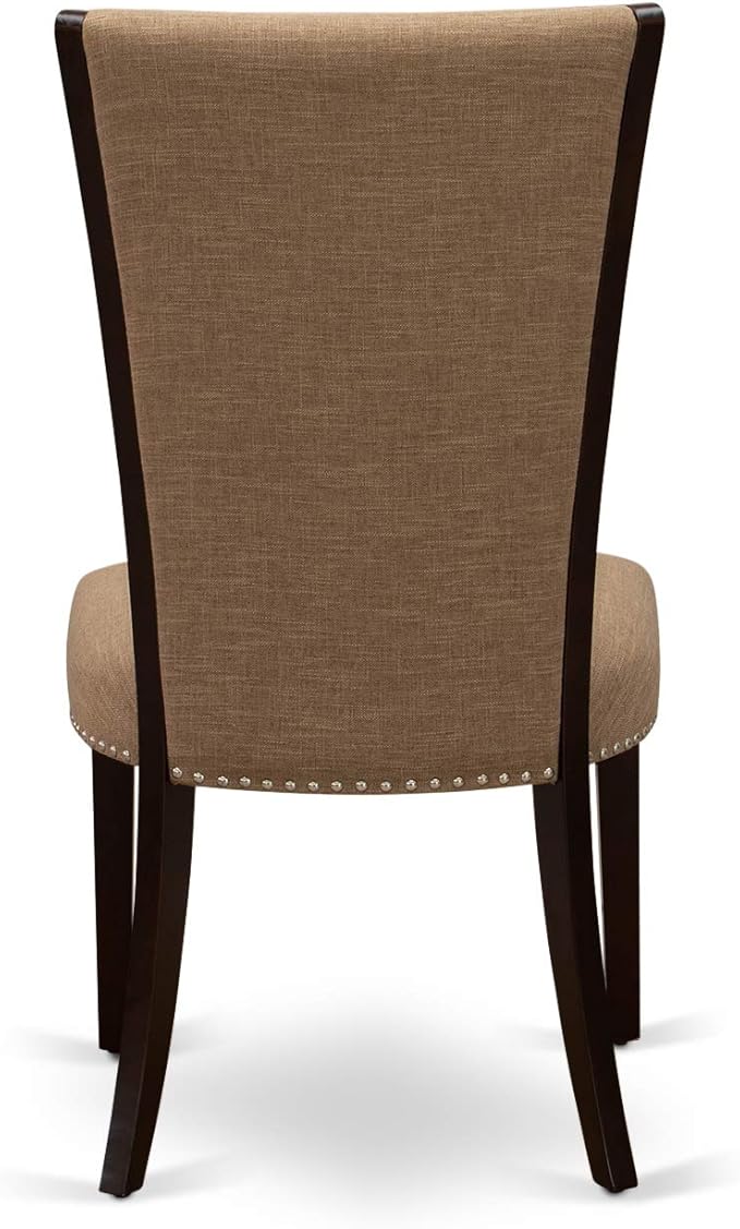 East West Furniture VEP3T47 Verona Modern Parson Chairs - Nailhead Trim Light Sable Linen Fabric Upholstered Dining Chairs, Set of 2, Mahogany