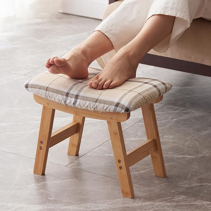 Foot Stool,Ottoman,Bamboo Small Sofa Foot Rest Under Desk,Extra Seating for Living Room, Bedroom and Kitchen (Natural Stool Legs - Stripes Surface)
