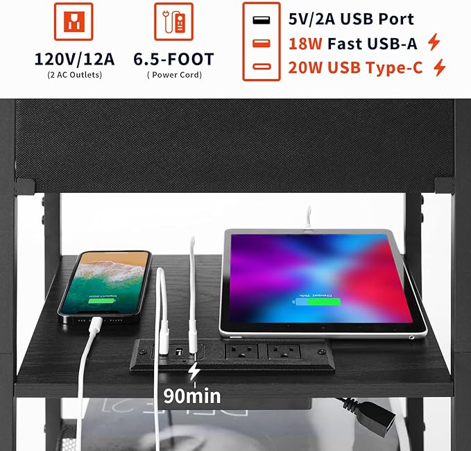 Nightstands Set of 2 with Charging Station and Drawer, End Table Side Table with 20 Colors LED Light Strip and 2 Layers Shelf for Bedroom Living Room Sofa (Black)