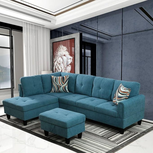 Green L-Shaped 3-Piece Flannel Sofa with Storage Ottoman Set, Sectional Couch Sofa Set for Living Room, Office, Small Space