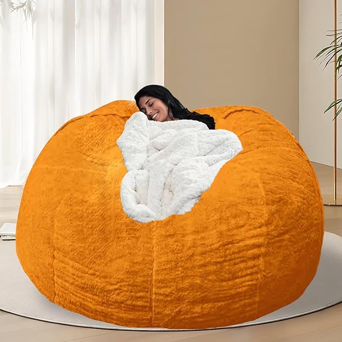 BCU 6FT Bean Bag Chair for Adults and Kids Without Filler Giant Stuffed Animal Storage Cover Soft Faux Fur Floor Chair Cover for Bedroom Living Room, Orange