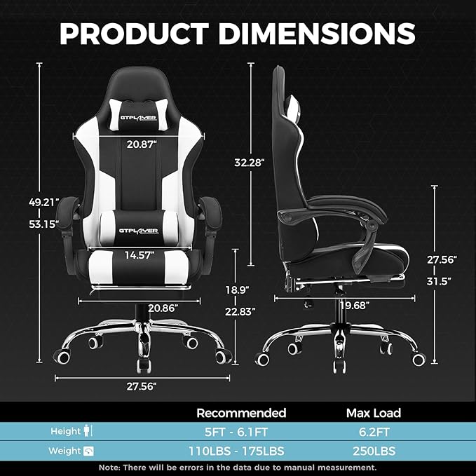 GTPLAYER Gaming Chair, Computer Chair with Footrest and Lumbar Support, Height Adjustable Game Chair with 360°-Swivel Seat and Headrest and for Office or Gaming (Fabric, Black & Light Gray)