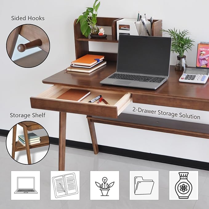 Oak Desk with Drawers, Solid Wood Desk with Bookshelf Small Computer Desk for Small Spaces Mid-Century Modern Wood Writing Desk with 2 Drawers for Home Office 47"