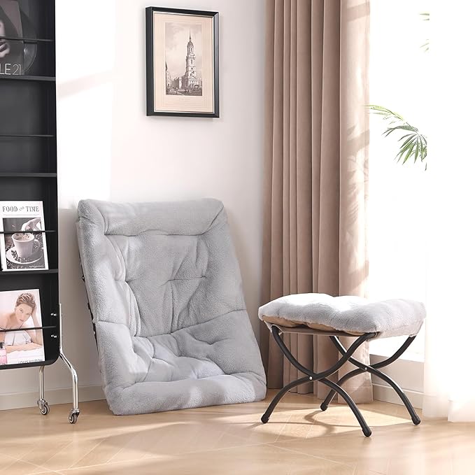Comfy Saucer Chair with Ottoman, Oversized Folding Faux Fur Chair Soft Furry Lounge Lazy Chair with Metal Frame Moon Chair Accent Chair for Bedroom, Living Room, Dorm Rooms, Grey