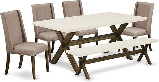 East West Furniture X727FL716-6 6 Piece Dining Set Contains a Rectangle Dining Room Table with X-Legs and 4 Dark Khaki Linen Fabric Parson Chairs with a Bench, 40x72 Inch, Multi-Color