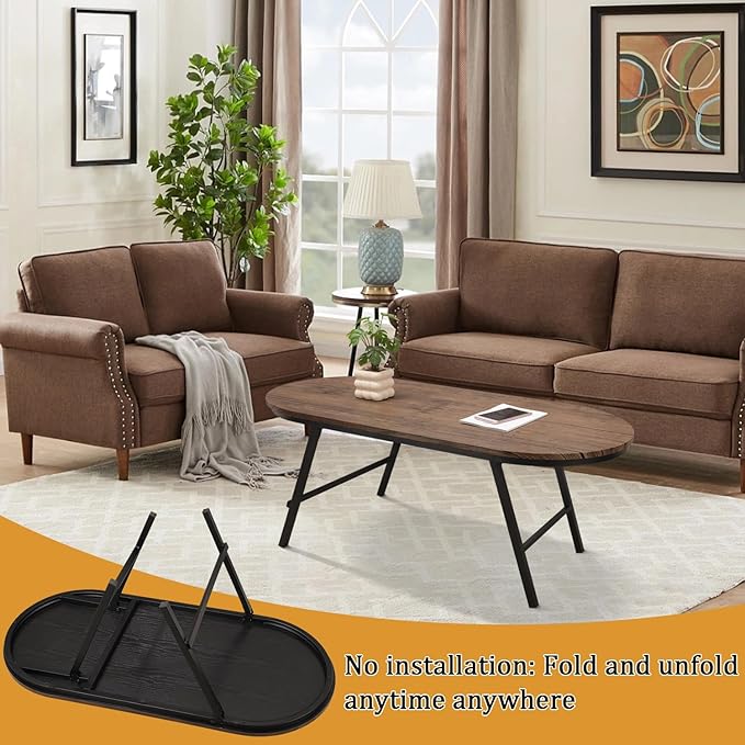 Folding Coffee Table for Small Spaces Wood and Metal Oval Coffee Table Portable Low Coffee Tables for Living Room, Home, Office, Light Brown