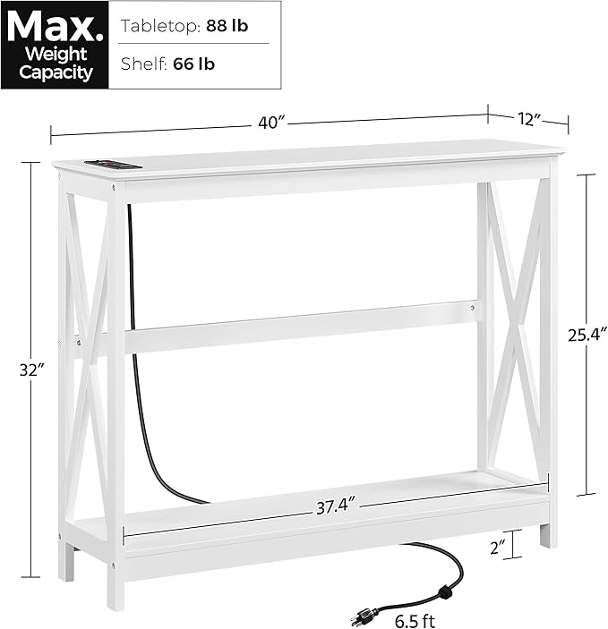 Yaheetech 40" Console Table with 2 Outlet and 2 USB Ports, Wooden Entryway Table with X-Shaped Design, Narrow Sofa Table for Living Room and Hallway,White