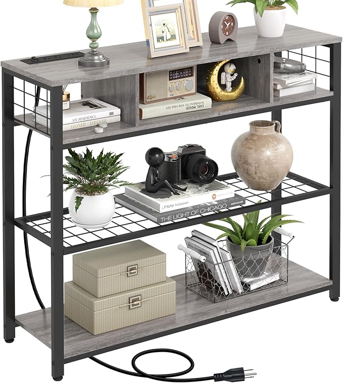 Narrow Entryway Console Table with Storage, Drawer and Charging Station - Behind Couch Table with Outlet and USB Ports for Living Room Foyer, Grey