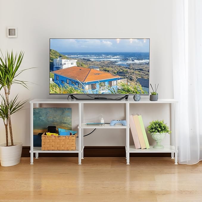 TV Stand for Bedroom up to 50 Inch Modern TV Stands with Power Outlets Small Entertainment Center with Storage 3 Tier TV Cabinet Console Table for Living Room Bedroom Office, White