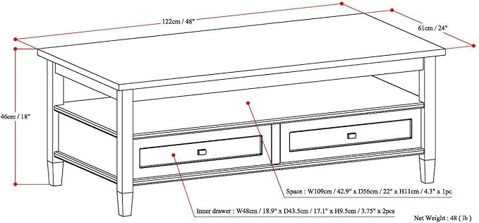 SIMPLIHOME Warm Shaker Coffee Table - 48 inch Wide Solid Wood Cocktail Table in White, Transitional Living Room Table with 2 Storage Drawers and Open Shelf for Sitting Area or Lounge