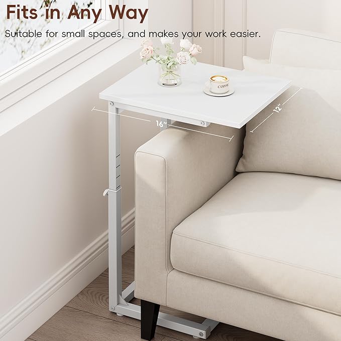 Vagusicc C Shaped End Table, 33" Tall Couch Table Adjustable Height Side Table, Sofa Table That Slide Under, C Table End Table TV Tray Coffee Arm Table for Living Room, Bedroom, Small Spaces, White
