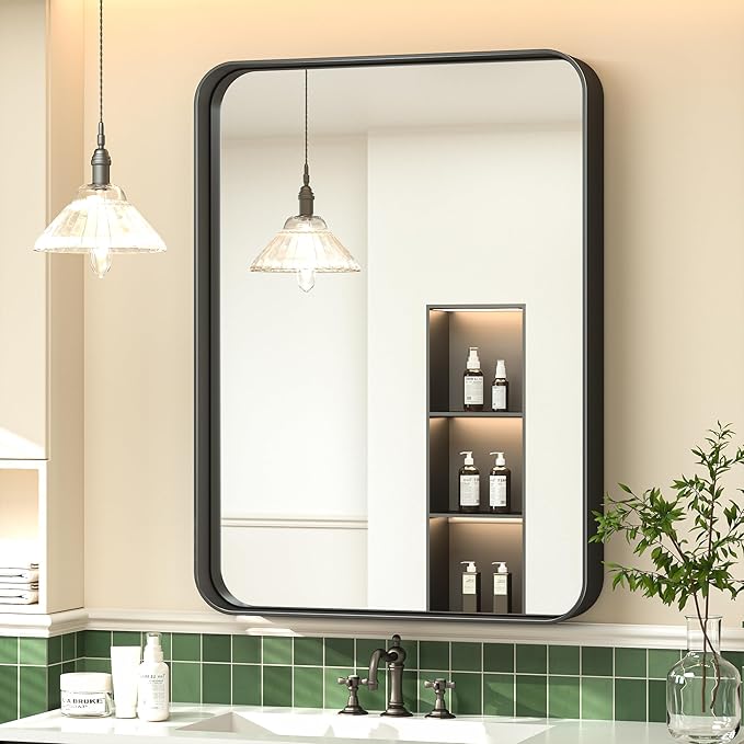 TokeShimi 24 x 30 Inch Black Mirror Wall Mirror for Bathroom Black Metal Frame Decorative Rectangular Wall Mounted Home Decor Corner Hangs (Horizontal/Vertical) Living Room Entryway