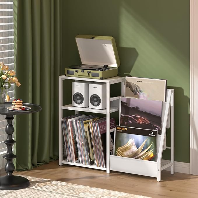 LELELINKY Record Player Table,Turntable Shelf with Vinyl Storage Up to 150 Albums,White Side Table with 3 Tier Magazine Periodical Book Rack,Wide Metal Record Holder Cabinet for Room Office