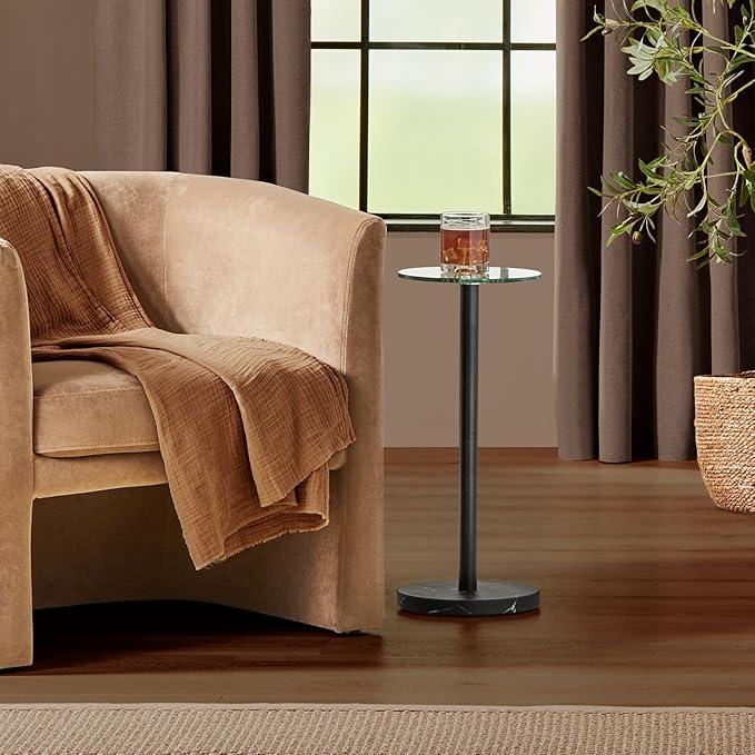 mDesign Glass Top Side/End Drink Table - Small Modern Round Accent Metal Nightstand Furniture for Living Room, Dorm, Home Office, and Bedroom - 9" Round - Clear/Matte Black Marble Print