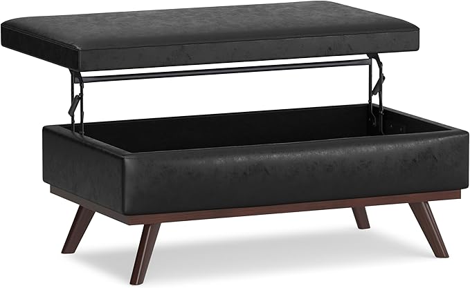 SIMPLIHOME Owen 42 inch Wide Mid Century Modern Rectangle Lift Top Large Coffee Table Storage Ottoman in Distressed Black Vegan Faux Leather, Assembled, for the Living Room, Entryway and Family Room
