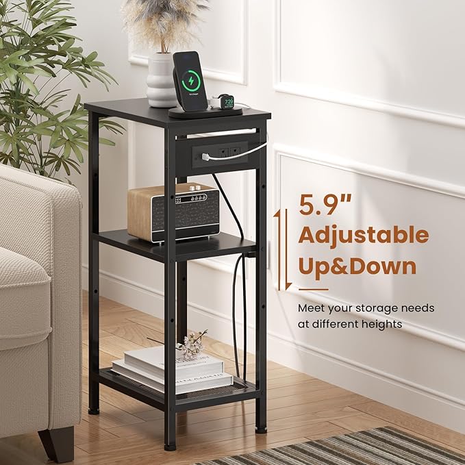 Tall End Table with Fast Charging Station, 3 Tier Narrow Side Table with Outlets and USB Ports & Type-C, Tall Nightstand with Storage, Bedside Table Stand for Living Room, Bedroom, Black